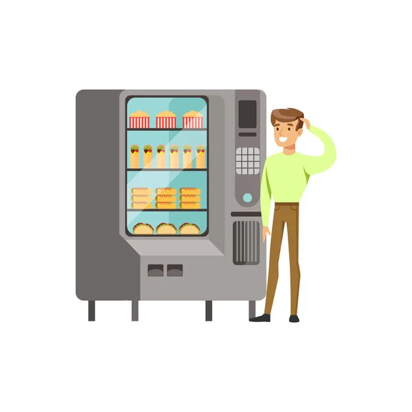 Young man standing next to automatic vending machine with drinks vector Illustration — Stock Vector