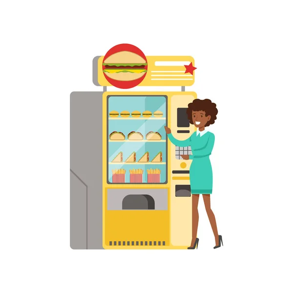 ファーストフードのベクトル図と自動販売機の横に立っている若い女性 — ストックベクタ