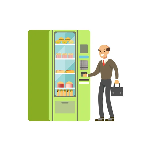 Empresario usando máquina expendedora automática con vector de comida rápida Ilustración — Vector de stock