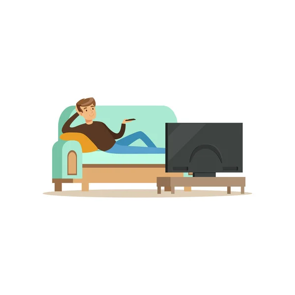 Young man sitting on a sofa in a living room in front of the television screen vector Illustration — Stock Vector