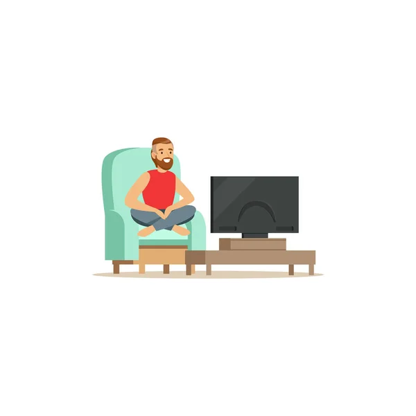 Giovane uomo barbuto seduto sulla poltrona con coperta rossa di fronte al vettore schermo televisivo Illustrazione — Vettoriale Stock