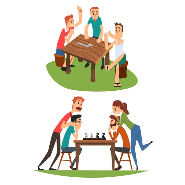 Permainan meja diatur, teman-teman bermain domino dan catur, sekelompok teman untuk menghabiskan waktu bersama vektor ilustrasi - Stok Vektor