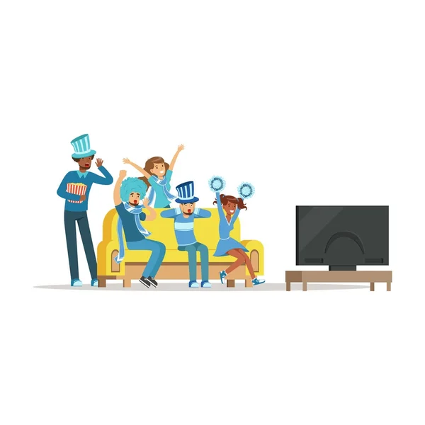 Grupo de amigos viendo deportes en la televisión y celebrando la victoria en casa. Gente vestida de azul apoyando su vector de equipo deportivo favorito Ilustración — Archivo Imágenes Vectoriales
