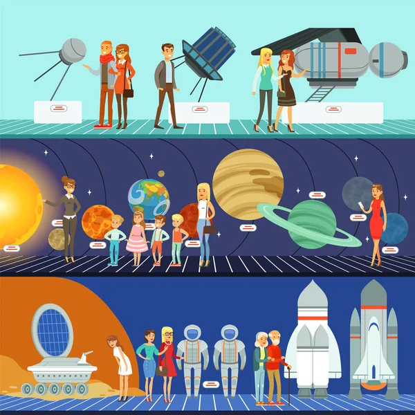 Mensen in het planetarium instellen, innovatie onderwijs museum horizontale vector illustraties — Stockvector