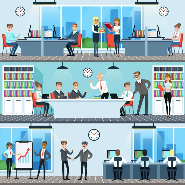 Imprenditori che lavorano in ufficio, uomini e donne che organizzano conferenze e incontri per la collaborazione aziendale Illustrazioni vettoriali orizzontali — Vettoriale Stock