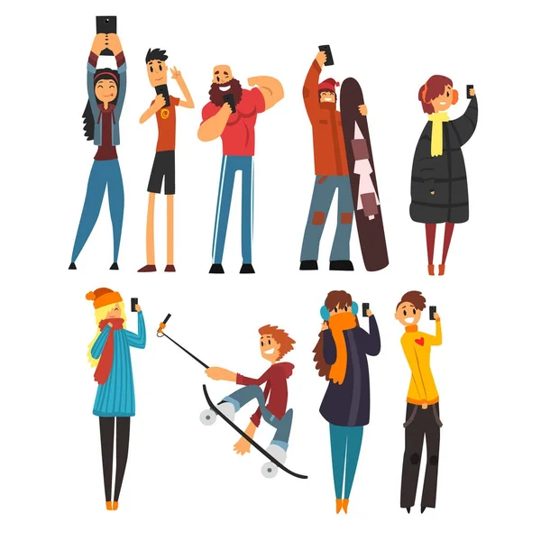 Diferentes personas felices tomando foto selfie vector de dibujos animados ilustraciones — Archivo Imágenes Vectoriales