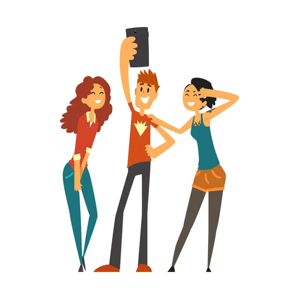 Grupo de jóvenes felices tomando foto selfie vector de dibujos animados Ilustración — Vector de stock