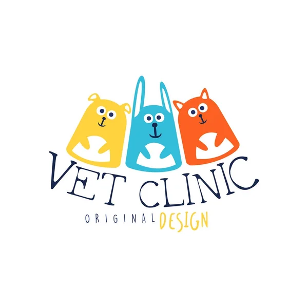 Veterán Klinika logó sablon eredeti design, macska és kutya kézzel rajzolt vektoros illusztráció színes jelvény — Stock Vector