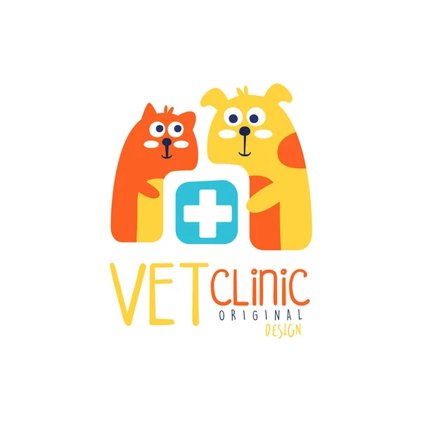 Veterán Klinika logó sablon eredeti design, színes badge-val macskák, kézzel rajzolt vektoros illusztráció — Stock Vector