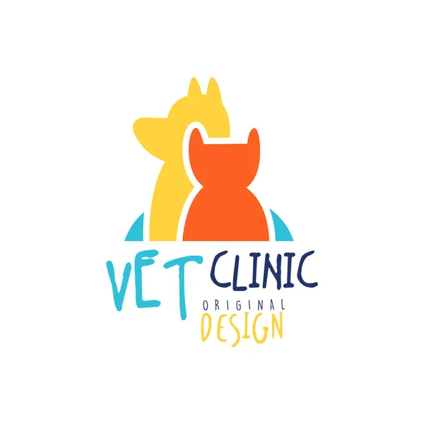 Veterán Klinika logó sablon eredeti design, macska és a kutya, színes kézzel rajzolt vektoros illusztráció jelvény — Stock Vector
