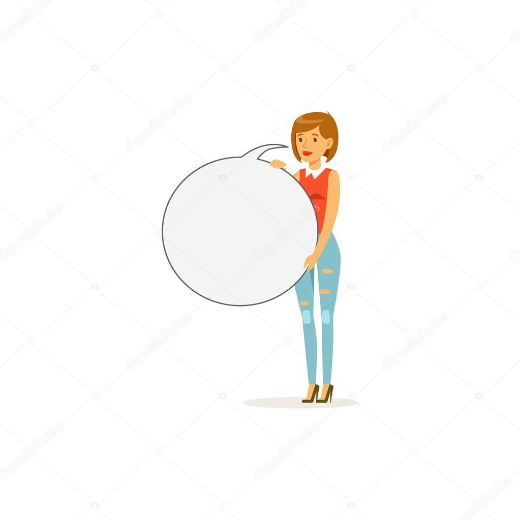 Beautiful woman character with empty round message board, speech bubble vector Illustration