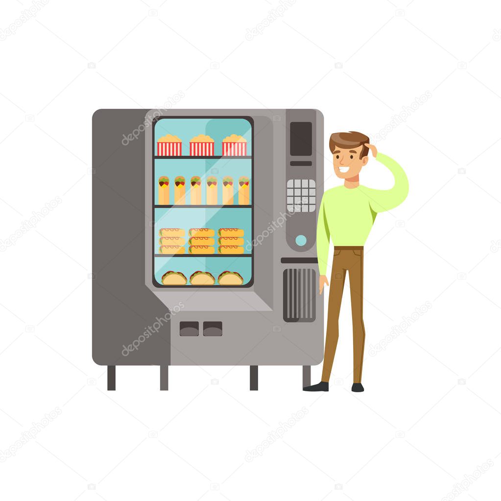Young man standing next to automatic vending machine with drinks vector Illustration