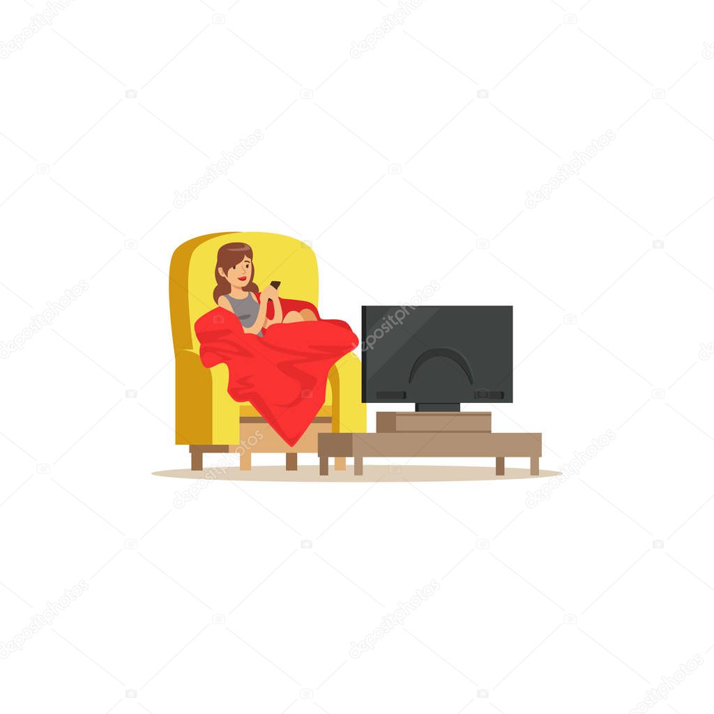 Young woman sitting on armchair with red blanket in front of the television screen vector Illustration