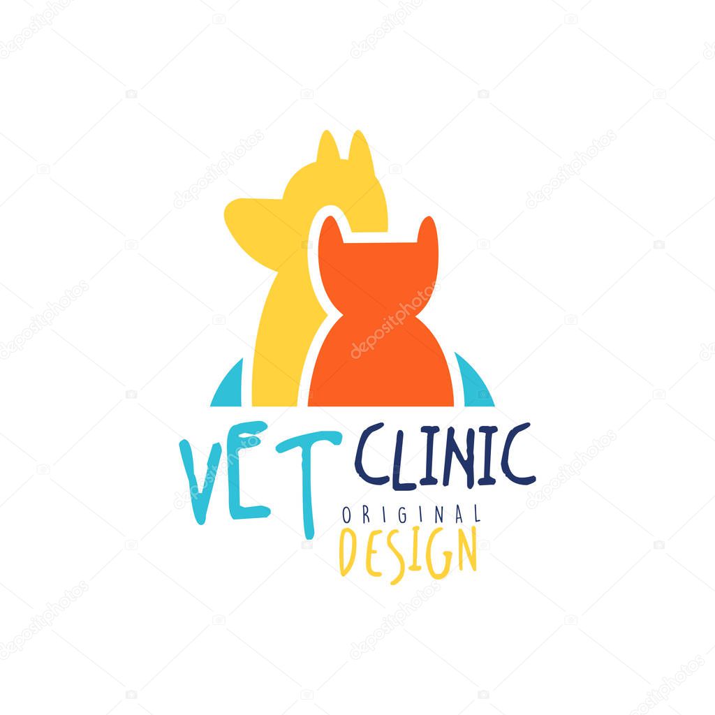 Vet clinic logo template original design, badge with cat and dog, colorful hand drawn vector Illustration isolated on a white background
