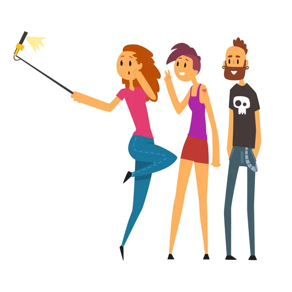 Gençlerin grup selfie fotoğraf karikatür vektör çizim alarak mutlu — Stok Vektör