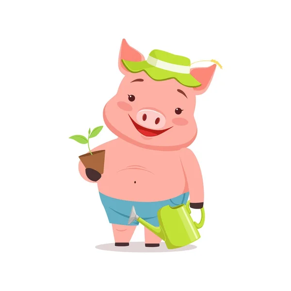 Sulama olabilir ve saksıyı, komik Karikatür hayvan vektör çizim ile ayakta şirin domuz bahçıvan — Stok Vektör