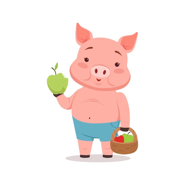 Cesta de cerdo lindo celebración con manzanas, divertido vector animal de dibujos animados Ilustración — Vector de stock