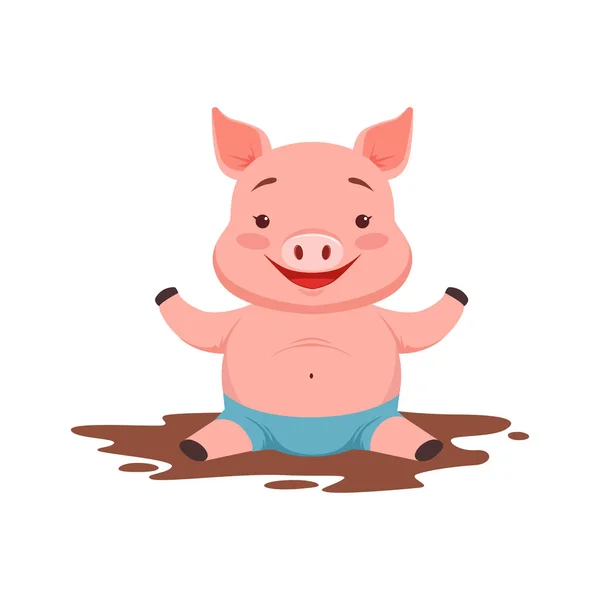 Lindo cerdo feliz sentado en una piscina sucia, divertido vector animal de dibujos animados Ilustración — Vector de stock