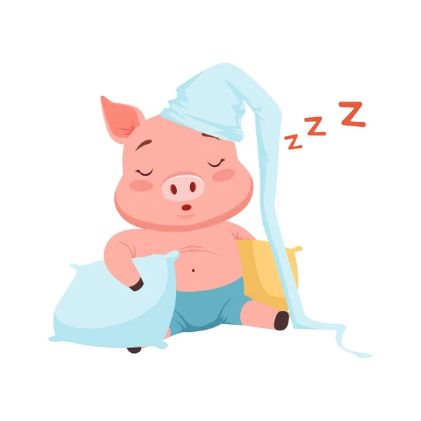 Lindo cerdo en sombrero durmiendo, divertido vector animal de dibujos animados Ilustración — Vector de stock