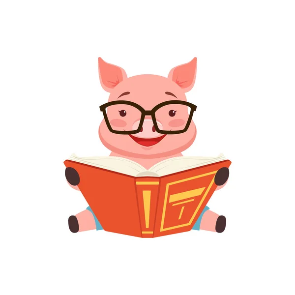 Lindo cerdo inteligente sentado en el suelo y libro de lectura, divertido vector animal de dibujos animados Ilustración — Vector de stock