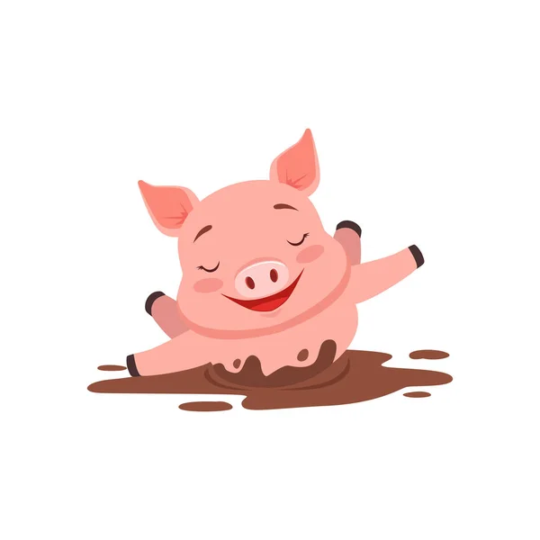 Lindo cerdo feliz bañándose en una piscina sucia, divertido vector animal de dibujos animados Ilustración — Vector de stock