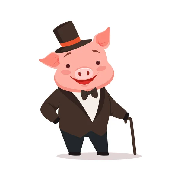 Cute happy pig dressed up in black tuxedo and hat standing with walking stick, funny cartoon animal dressed in human clothes vector Illustration — Stock Vector