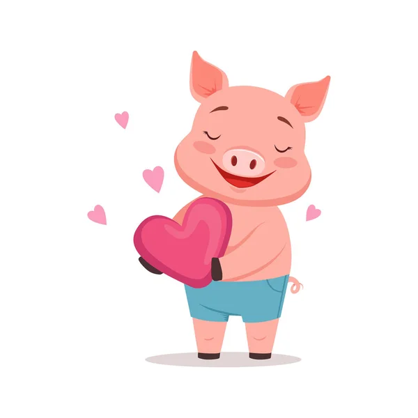 Lindo cerdo feliz sosteniendo corazón rosa, divertido vector animal de dibujos animados Ilustración — Vector de stock