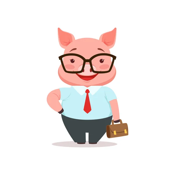Bonito sorridente porco empresário, engraçado desenho animado animal vestido com vetor de roupas humanas Ilustração — Vetor de Stock