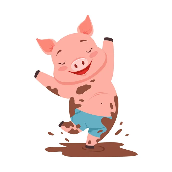 Şirin mutlu domuz bir kirli oyun, komik Karikatür hayvan vektör çizim atlama — Stok Vektör