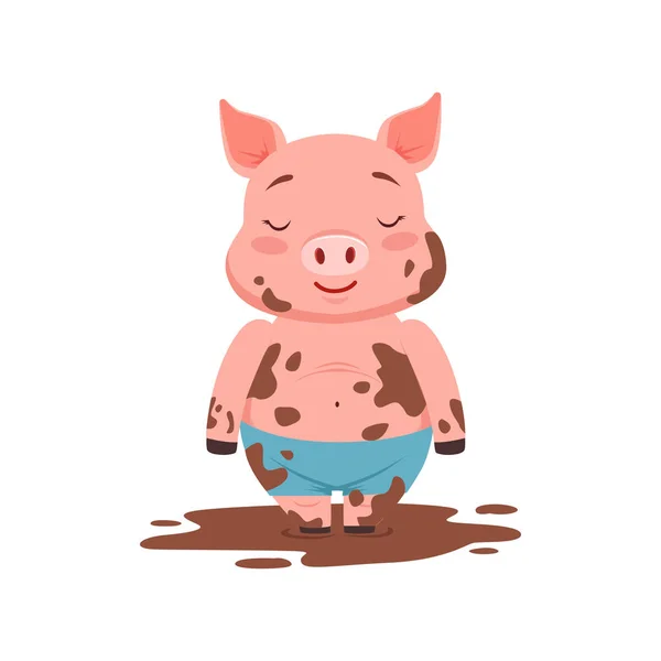 Lindo cerdo feliz de pie en una piscina sucia, divertido vector animal de dibujos animados Ilustración — Vector de stock