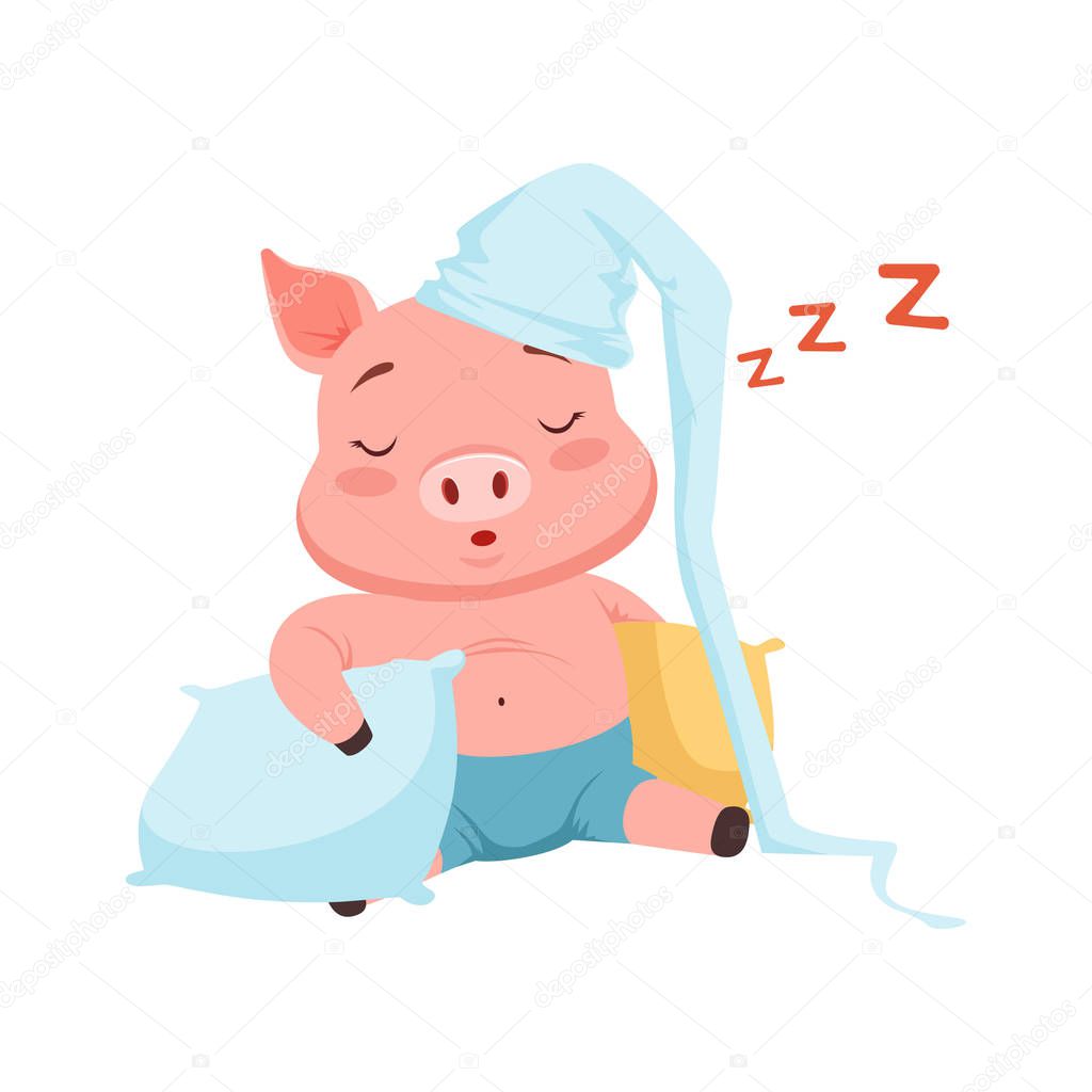 Cute pig in hat sleeping, funny cartoon animal vector Illustration