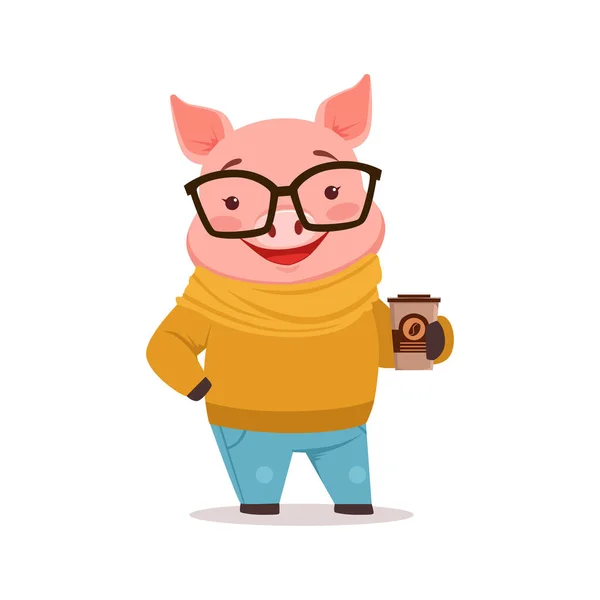 Милая счастливая свинья в свитере и джинсах, стоящая с чашкой кофе, смешное мультяшное животное, одетое в человеческую одежду вектор Иллюстрация — стоковый вектор