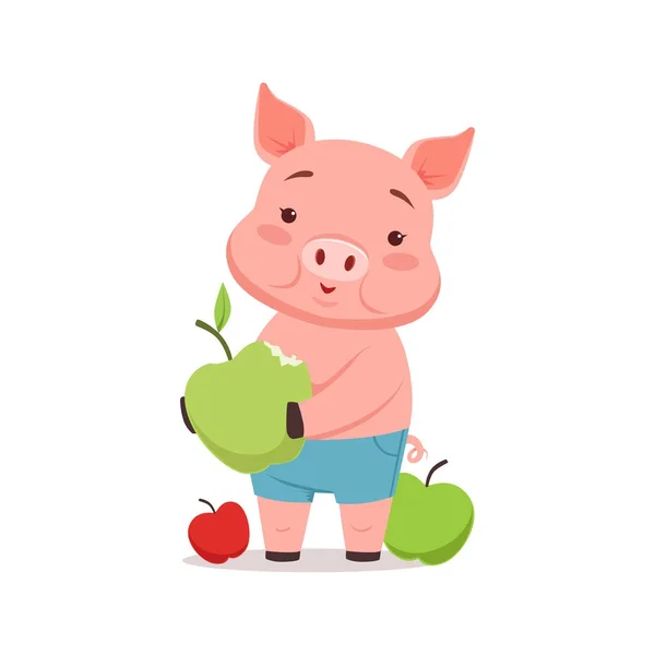 Lindo cerdo con manzanas, divertido vector animal de dibujos animados Ilustración — Vector de stock