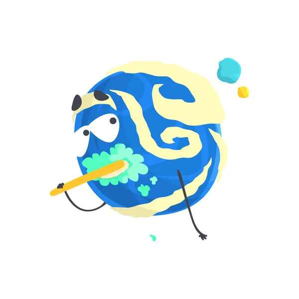 Lindo personaje humanizado planeta azul cepillarse los dientes, esfera con divertido vector de dibujos animados cara Ilustración — Vector de stock