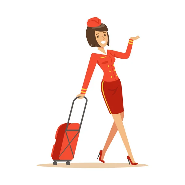 Vrij lachende stewardess die haar Bagage — Stockvector
