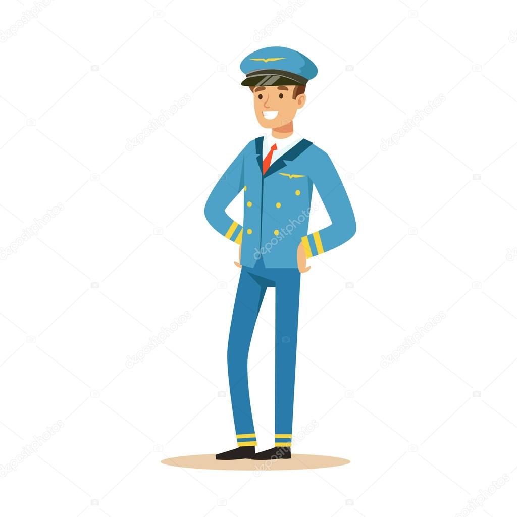 Smiling pilot stands on isolated white background