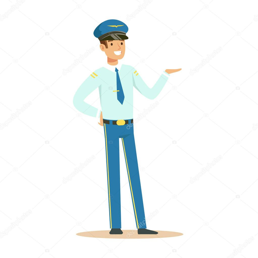 Captain of airplane stands on isolated white background
