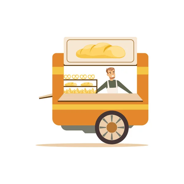 Plochá pouliční jídlo vozík s kynuté buchty — Stockový vektor