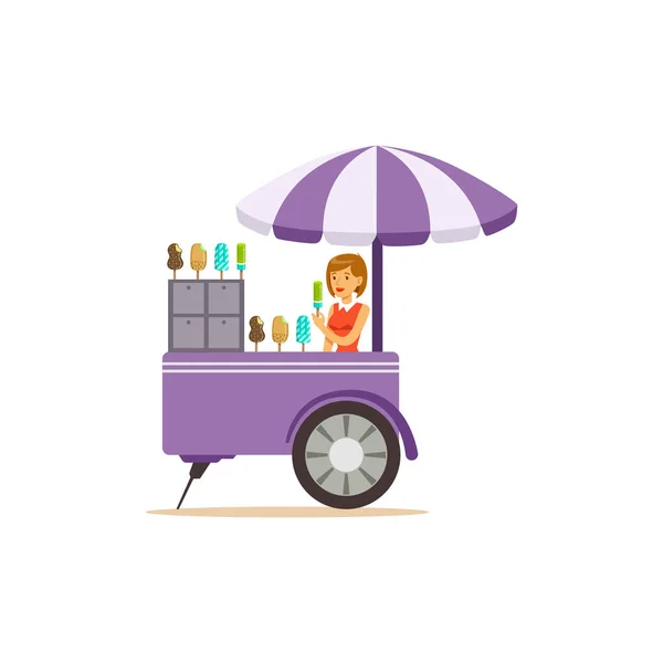 Carro plano de comida callejera con helado — Vector de stock