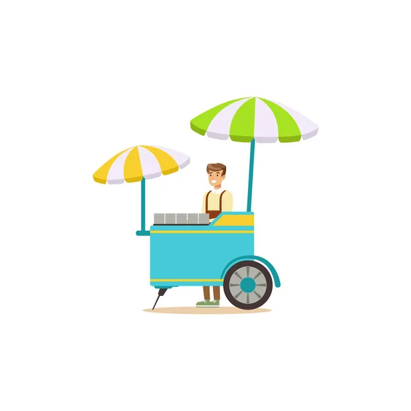 Chariot de nourriture de rue plat avec parasol — Image vectorielle