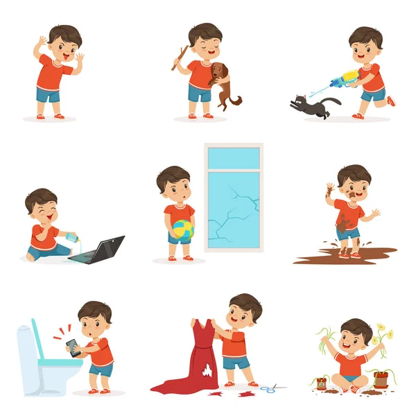 Gracioso niño jugando juegos y haciendo lío — Vector de stock