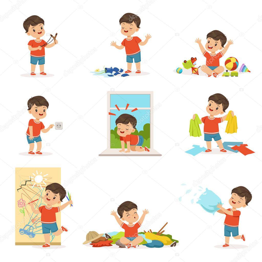 Funny little boy playing games and making mess