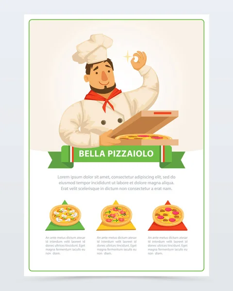 Personaje de dibujos animados de pizzaiolo italiano sosteniendo pizza en caja — Vector de stock