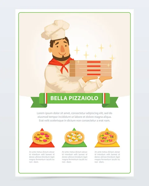 Personagem de desenhos animados de pizzaiolo italiano segurando caixas de pizza —  Vetores de Stock