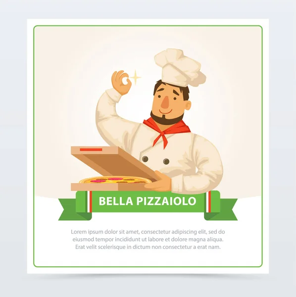 Personagem de desenho animado de pizzaiolo italiano segurando pizza na caixa —  Vetores de Stock