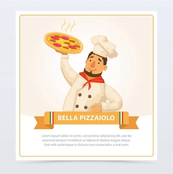 Personagem de desenho animado de pizzaiolo italiano segurando pizza quente —  Vetores de Stock