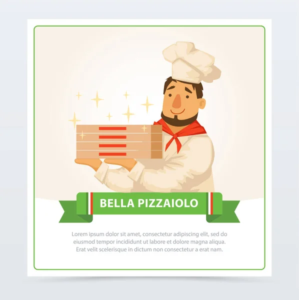 Personagem de desenhos animados de pizzaiolo italiano segurando caixas de pizza —  Vetores de Stock