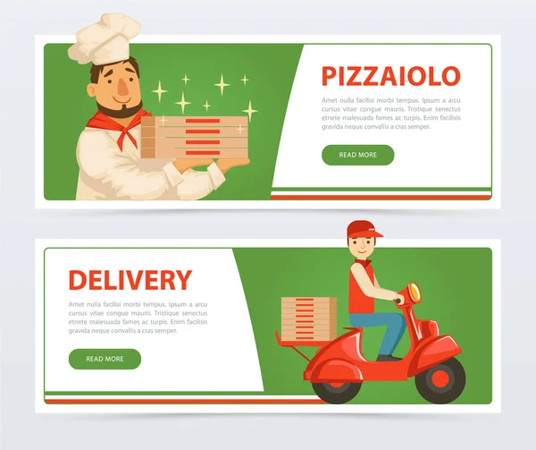 Banner with italian pizzaiolo and delivery service courier — Stock Vector