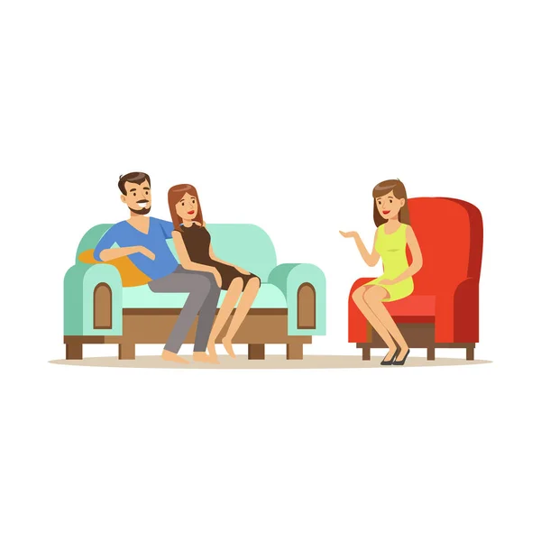 Happy family couple characters talking to female psychologist about their problems, psychotherapy counseling, psychologist having session with patient vector Illustration — Stock Vector