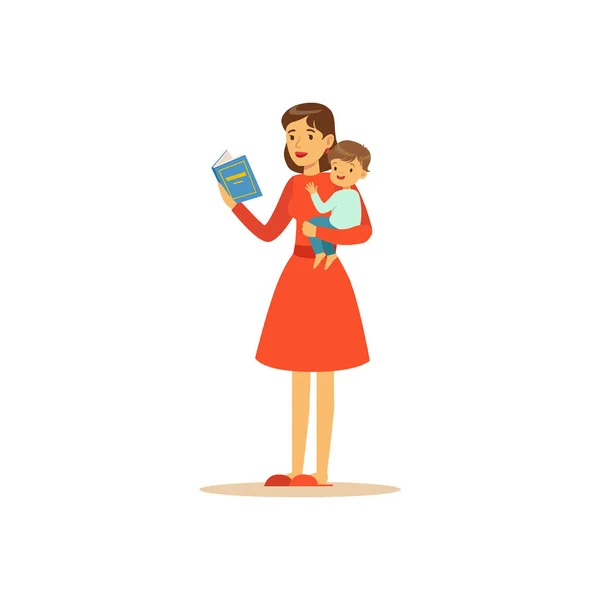 Super mamma karaktär med barn, läser bok — Stock vektor